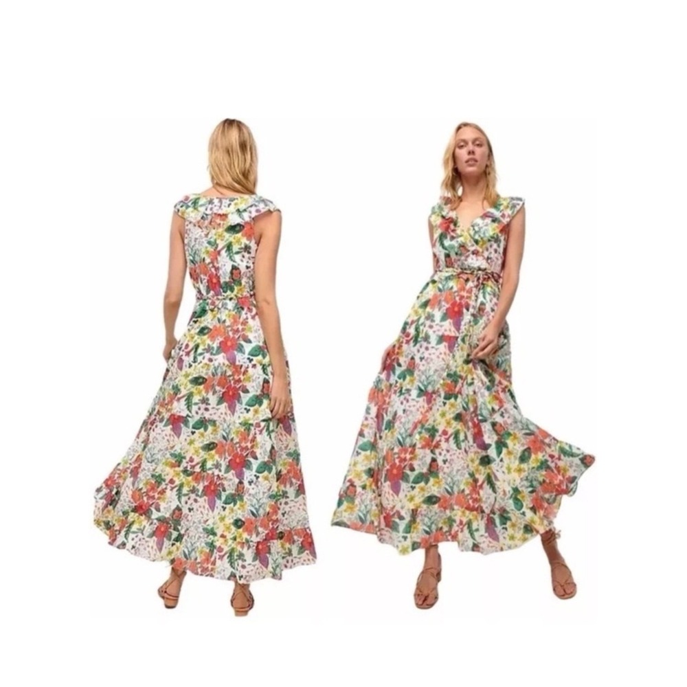 J.Crew Womens Botanical Floral Ruffle Maxi Dress Size 16 V-Neck Cottage  Preppy